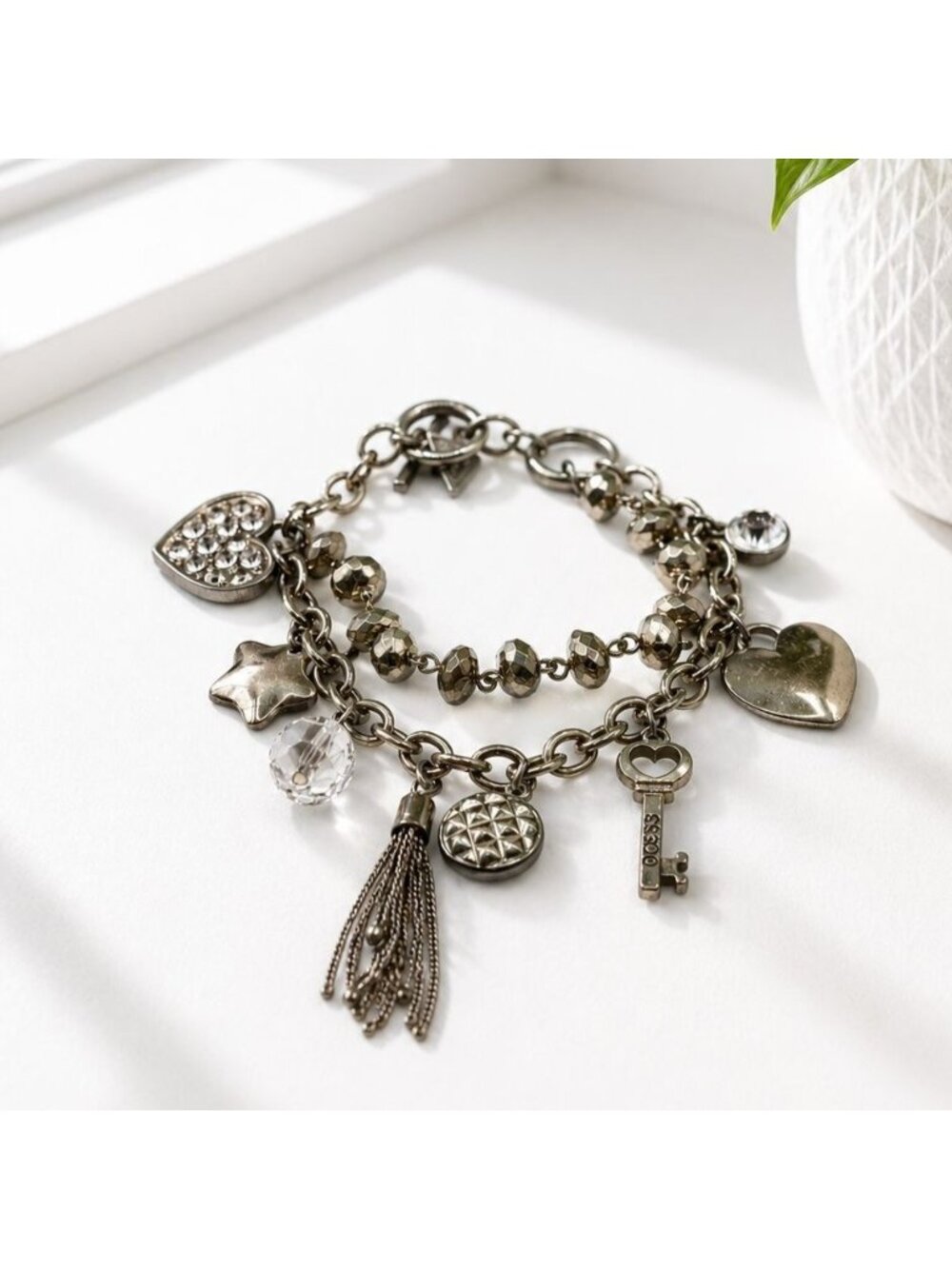 Vintage Guess Silver-Tone Charm Bracelet With Crystals Hearts Tassel & Key Accen